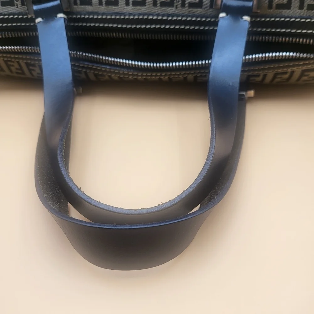 FENDI Zucchino FF Canvas Leather Boston 30 HandBag Navy..Authentic...W/COA.